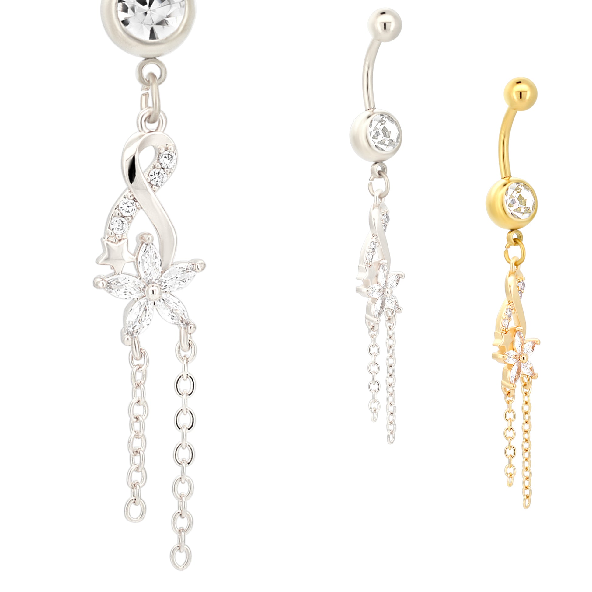 Dangling Infinity Flower Zircon Belly Ring, Stainless Steel Navel Jewelry, Floral Belly Button Piercing, Gift for Her
