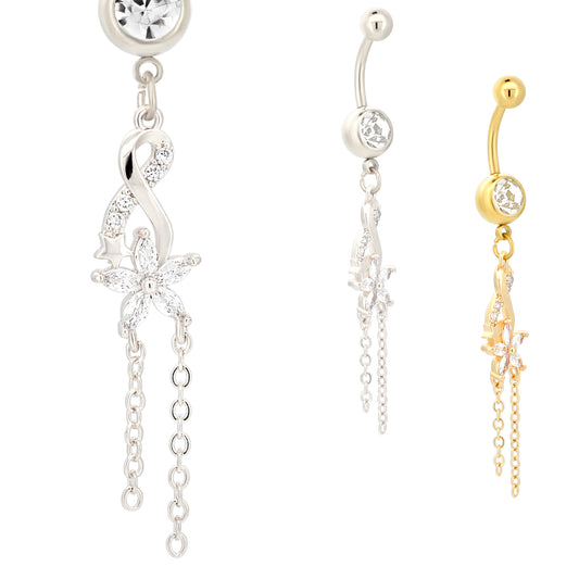 Dangling Infinity Flower Zircon Belly Ring, Stainless Steel Navel Jewelry, Floral Belly Button Piercing, Gift for Her