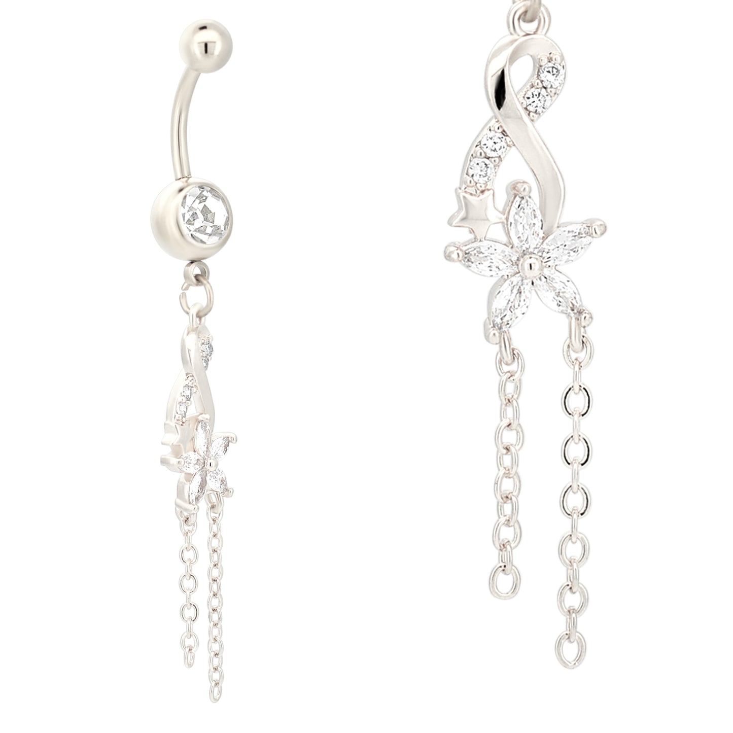 Dangling Infinity Flower Zircon Belly Ring, Stainless Steel Navel Jewelry, Floral Belly Button Piercing, Gift for Her