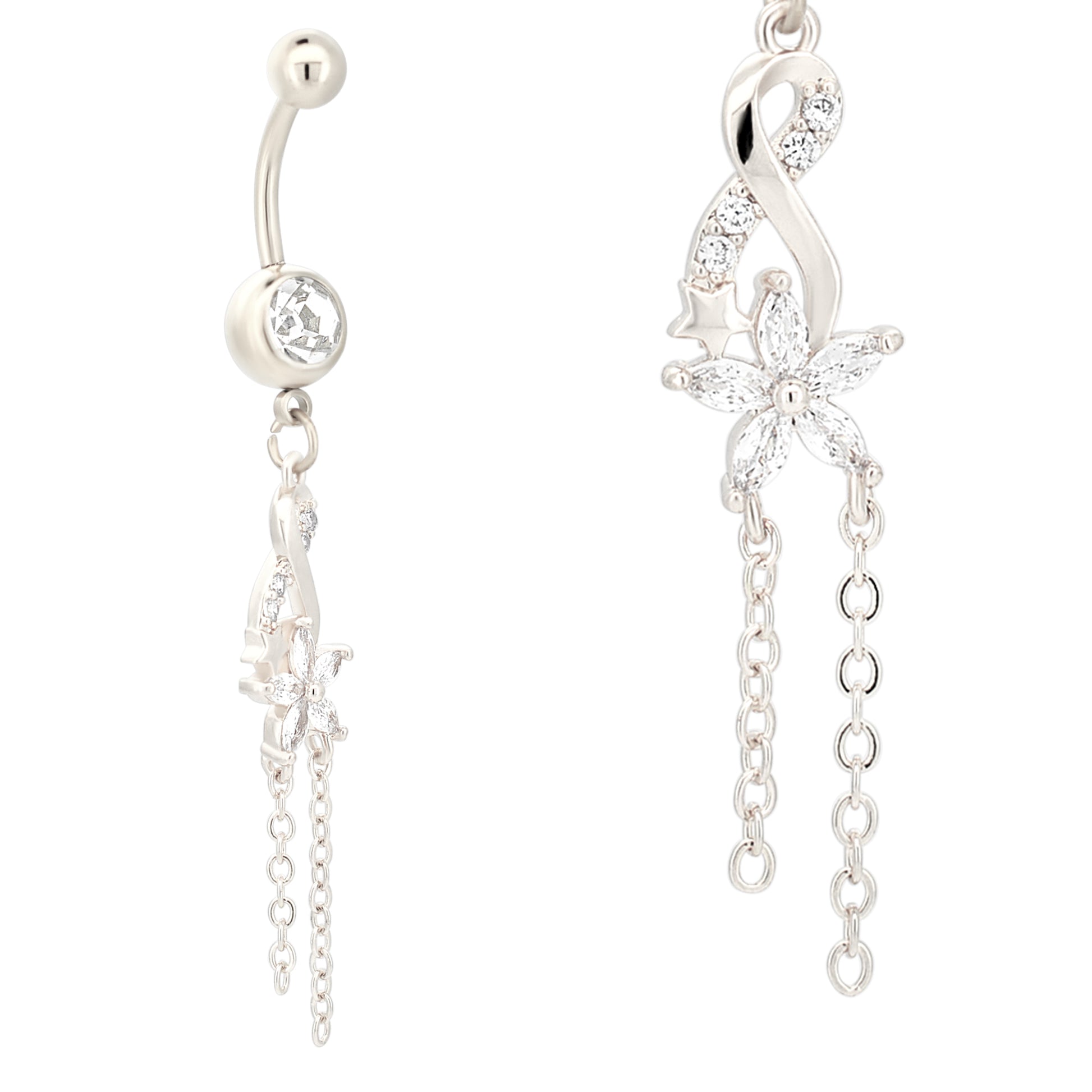 Dangling Infinity Flower Zircon Belly Ring, Stainless Steel Navel Jewelry, Floral Belly Button Piercing, Gift for Her