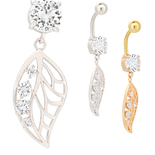 Stainless Steel Dangling Leaf Belly Ring, Zircon Design Navel Jewelry, 4 Prong Set Belly Button Ring