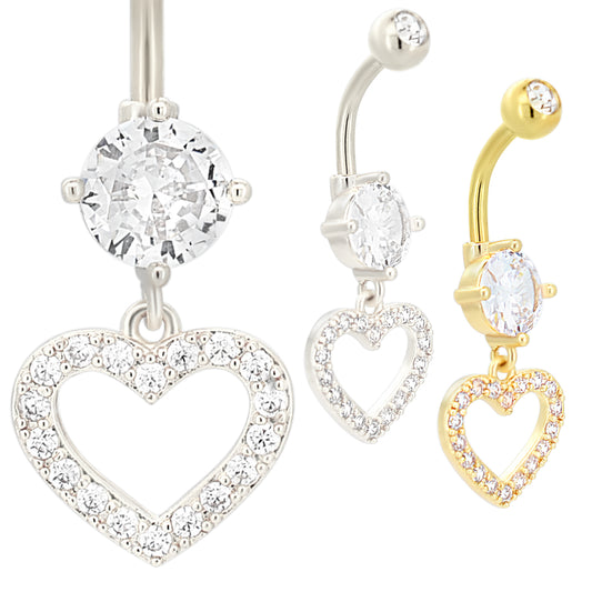  Stainless Steel Dangling Heart Belly Ring, Hollow Heart Design, Zircon Navel Piercing, Stylish Belly Jewelry