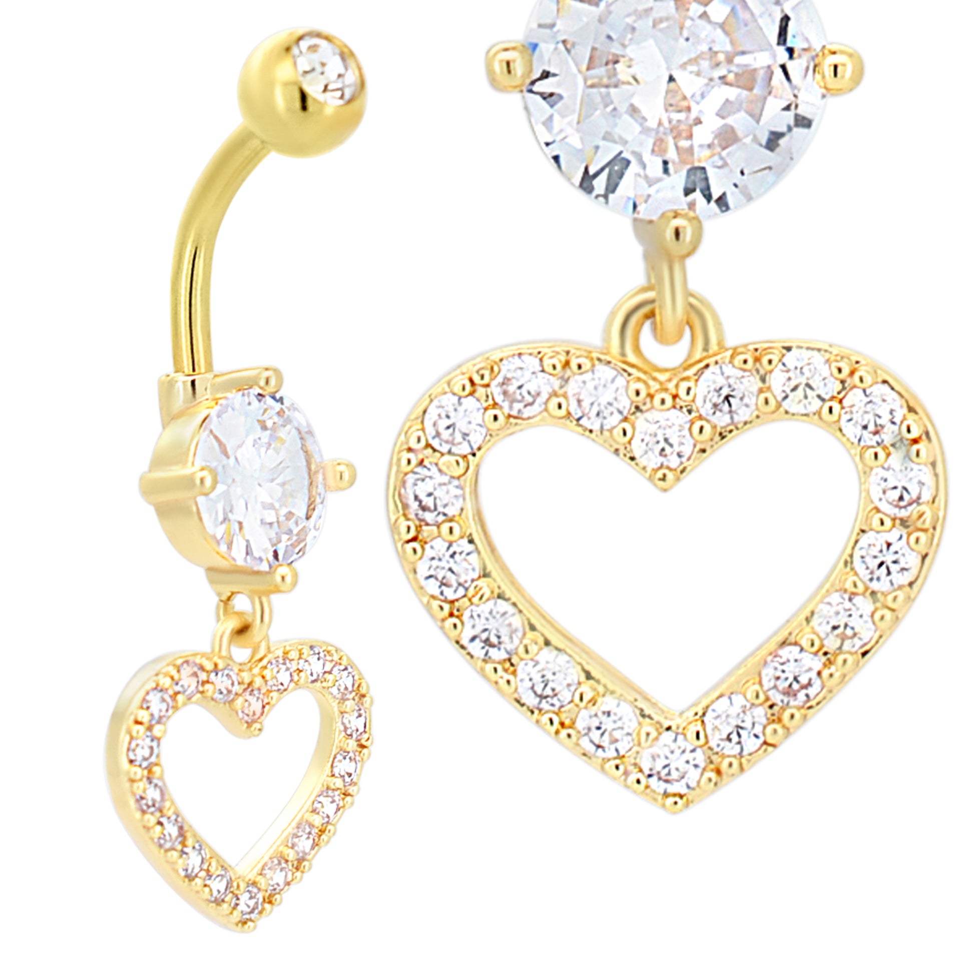  Stainless Steel Dangling Heart Belly Ring, Hollow Heart Design, Zircon Navel Piercing, Stylish Belly Jewelry