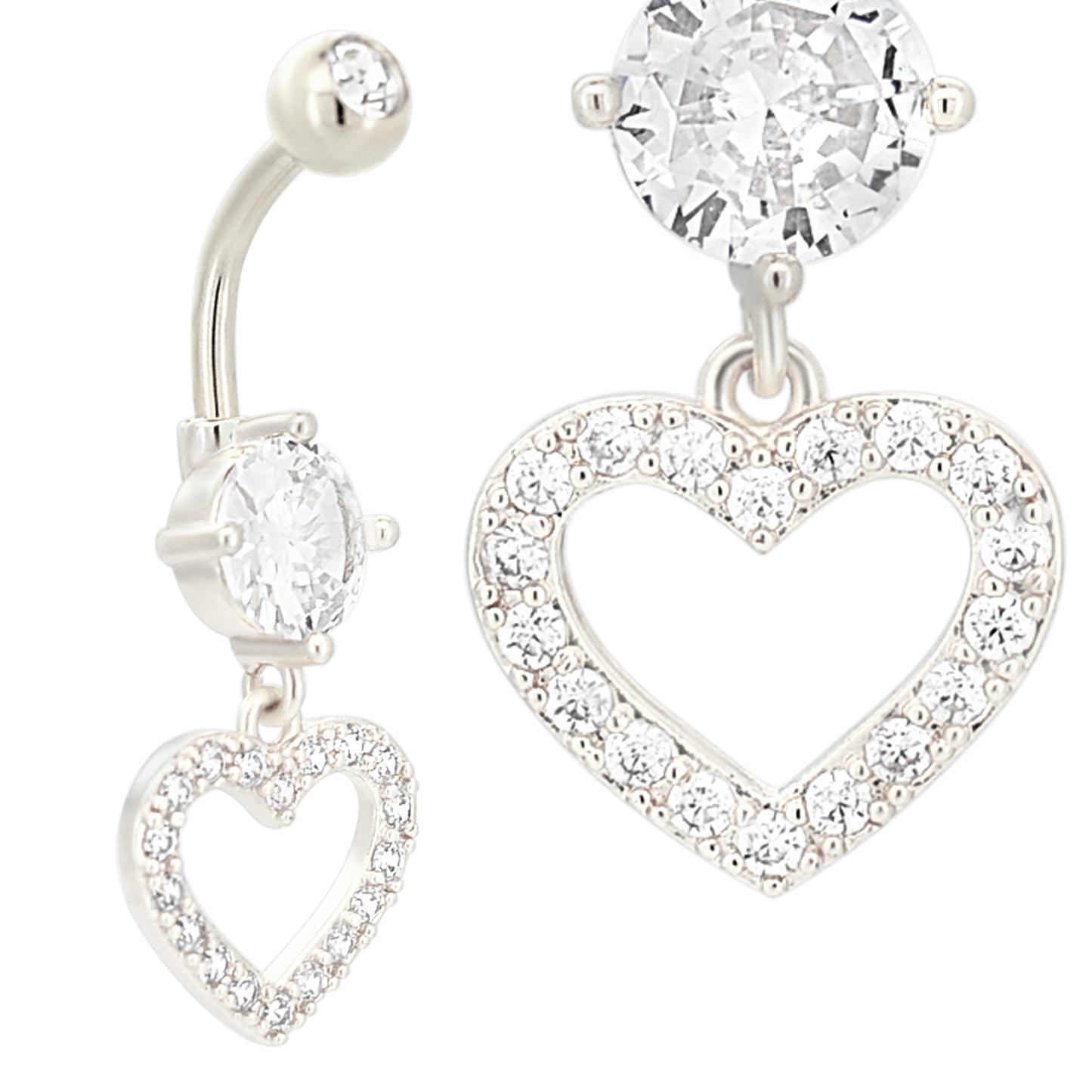  Stainless Steel Dangling Heart Belly Ring, Hollow Heart Design, Zircon Navel Piercing, Stylish Belly Jewelry