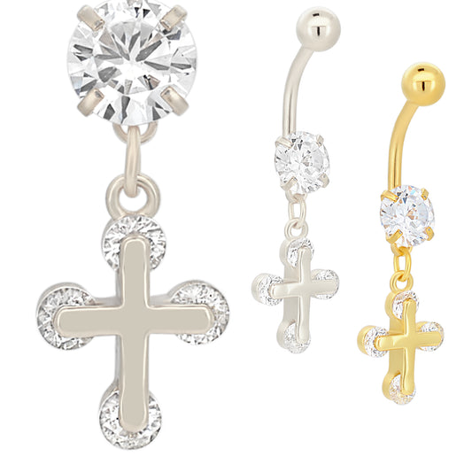 316L Stainless Steel Cross Belly Ring, Zircon Dangle, Religious Navel Jewelry, Cross Pendant, Body Piercing, Gift for Her