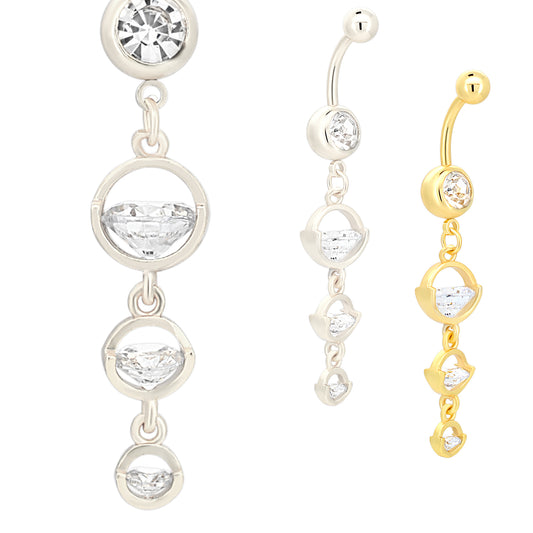 Stainless Steel Dangling Triple Round Zircon Belly Ring, Navel Jewelry, Belly Button Piercing, Dangle Belly Ring