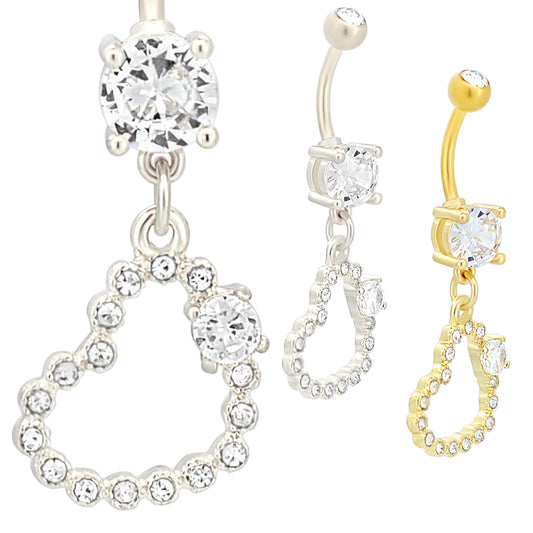 316L Stainless Steel Dangling Hollow Heart Bezel with Single Prong  Zircon Design Belly Ring