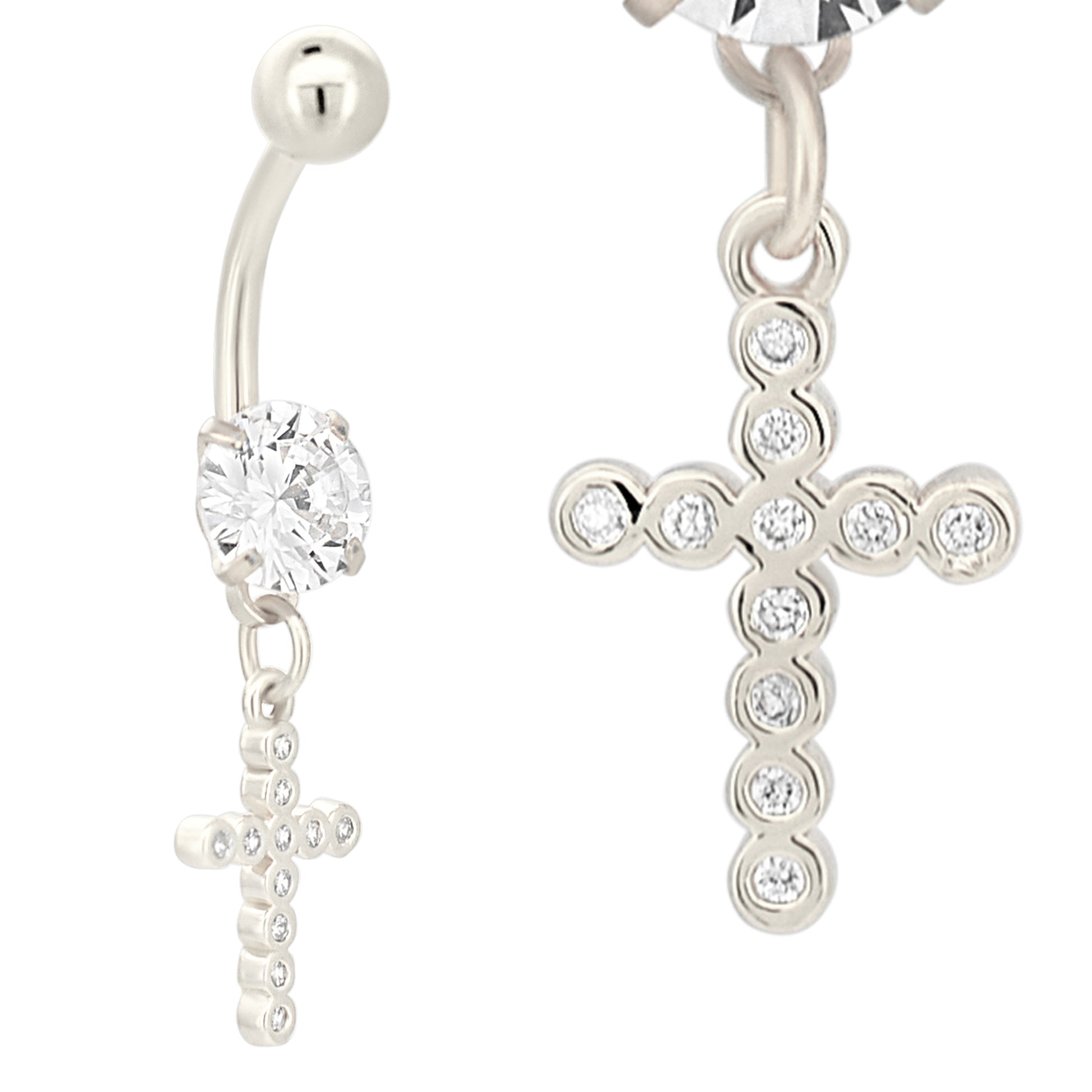 316L Steel Bezel Cross Belly Ring, Dangling Zircon, Religious Jewelry, Elegant Body Piercing, Hypoallergenic Steel