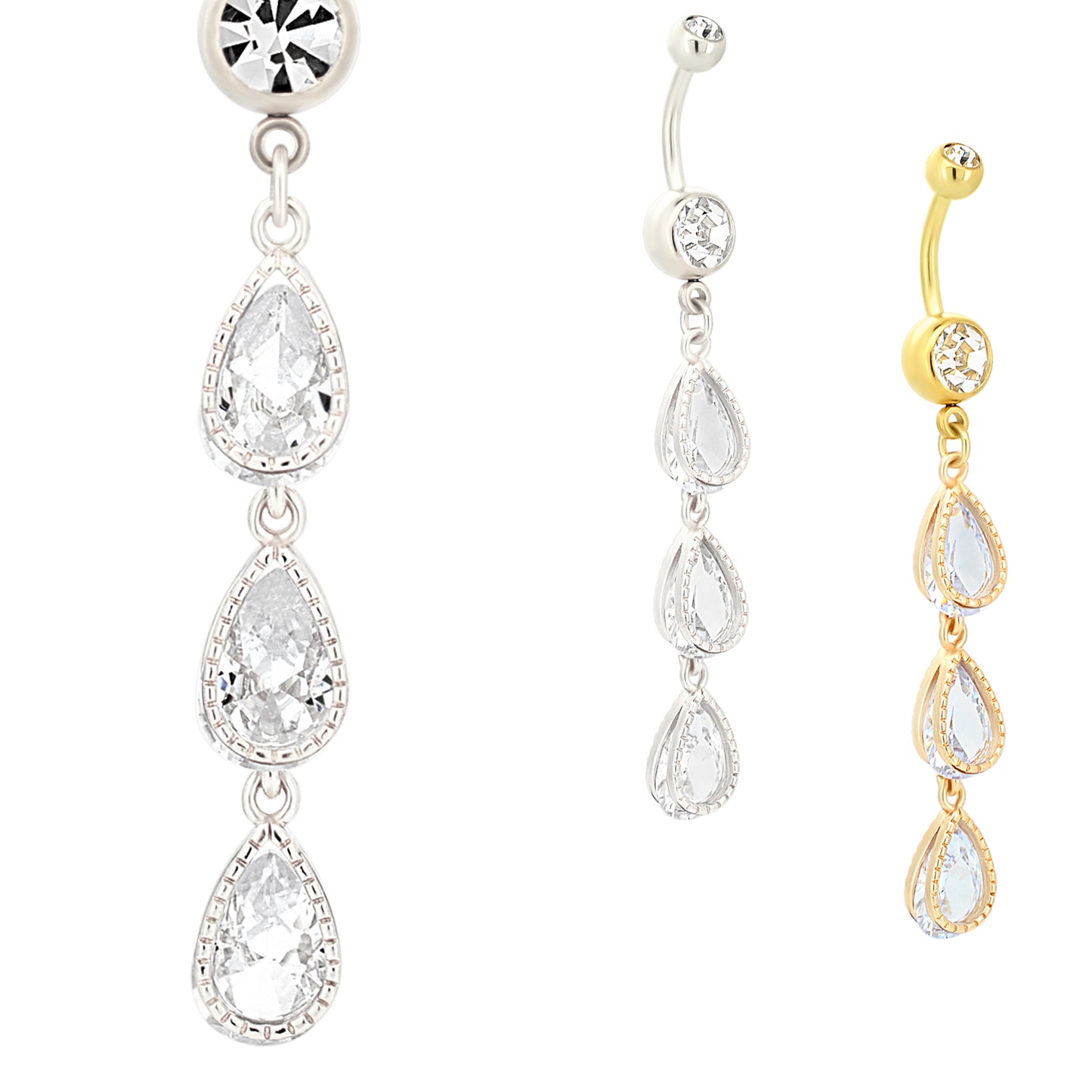 Triple Teardrop Zircon Design Belly Ring, Stainless Steel Navel Ring, Dangling Belly Button Jewelry, Fashionable Accessory