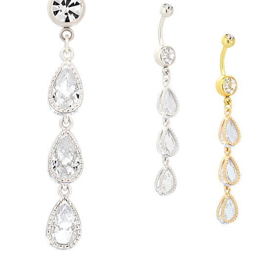 Triple Teardrop Zircon Design Belly Ring, Stainless Steel Navel Ring, Dangling Belly Button Jewelry, Fashionable Accessory