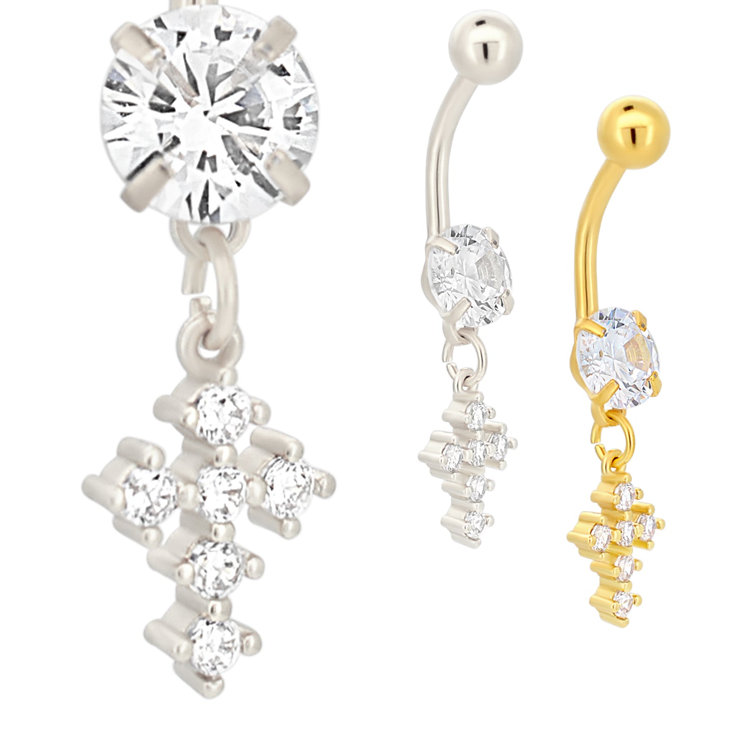 Stainless Steel Zircon Cross Dangle Belly Ring, Prong Dangling Navel Jewelry, Zircon Design Navel Ring
