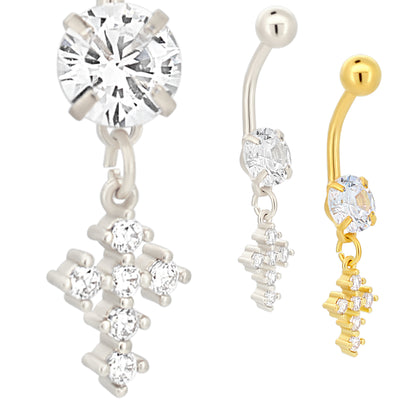 Stainless Steel Zircon Cross Dangle Belly Ring, Prong Dangling Navel Jewelry, Zircon Design Navel Ring