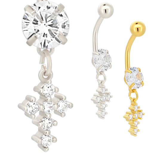 Stainless Steel Zircon Cross Dangle Belly Ring, Prong Dangling Navel Jewelry, Zircon Design Navel Ring