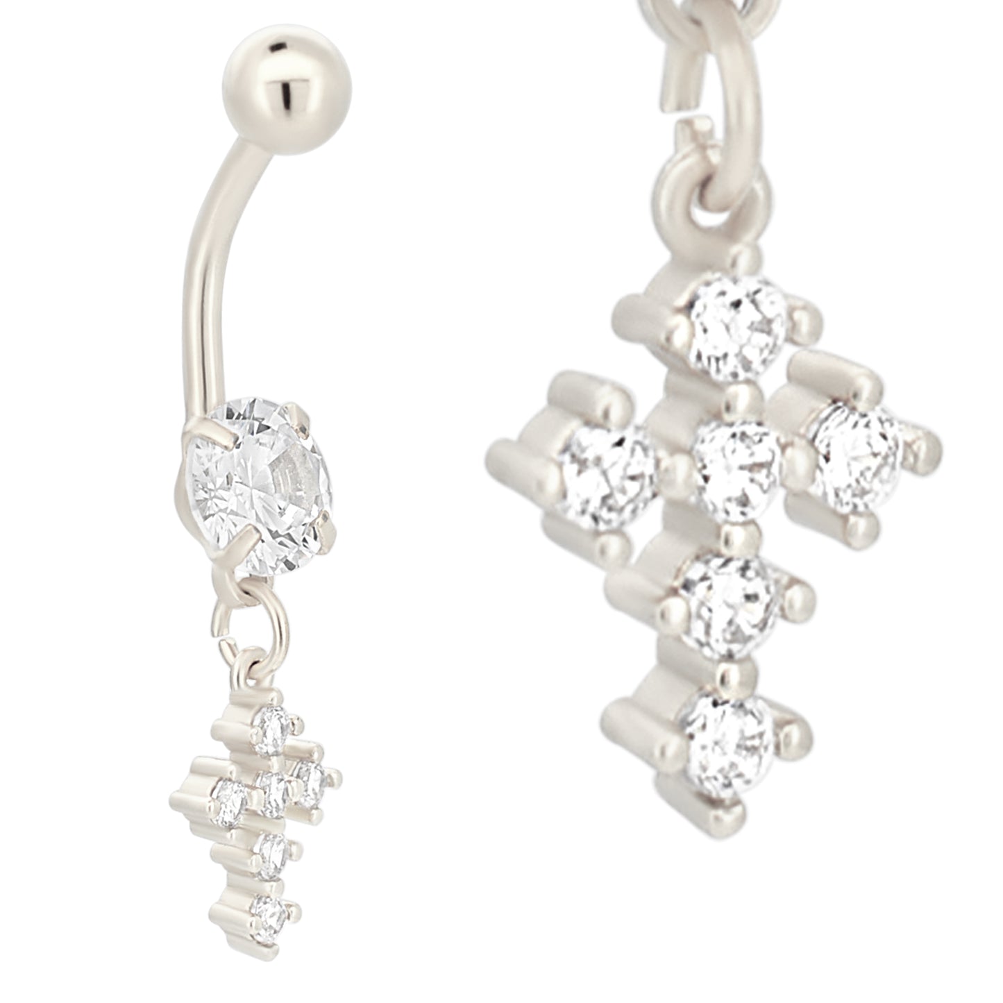 Stainless Steel Zircon Cross Dangle Belly Ring, Prong Dangling Navel Jewelry, Zircon Design Navel Ring