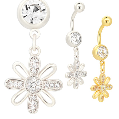 Dangling Flower Belly Ring, Stainless Steel Navel Jewelry, Floral Design Piercing, Belly Button Ring Gift