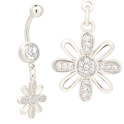 Dangling Flower Belly Ring, Stainless Steel Navel Jewelry, Floral Design Piercing, Belly Button Ring Gift