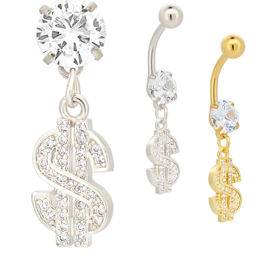 Stainless Steel Dangling Dollar Sign Belly Ring, Zircon Design Navel Jewelry, Money Charm Belly Button Ring