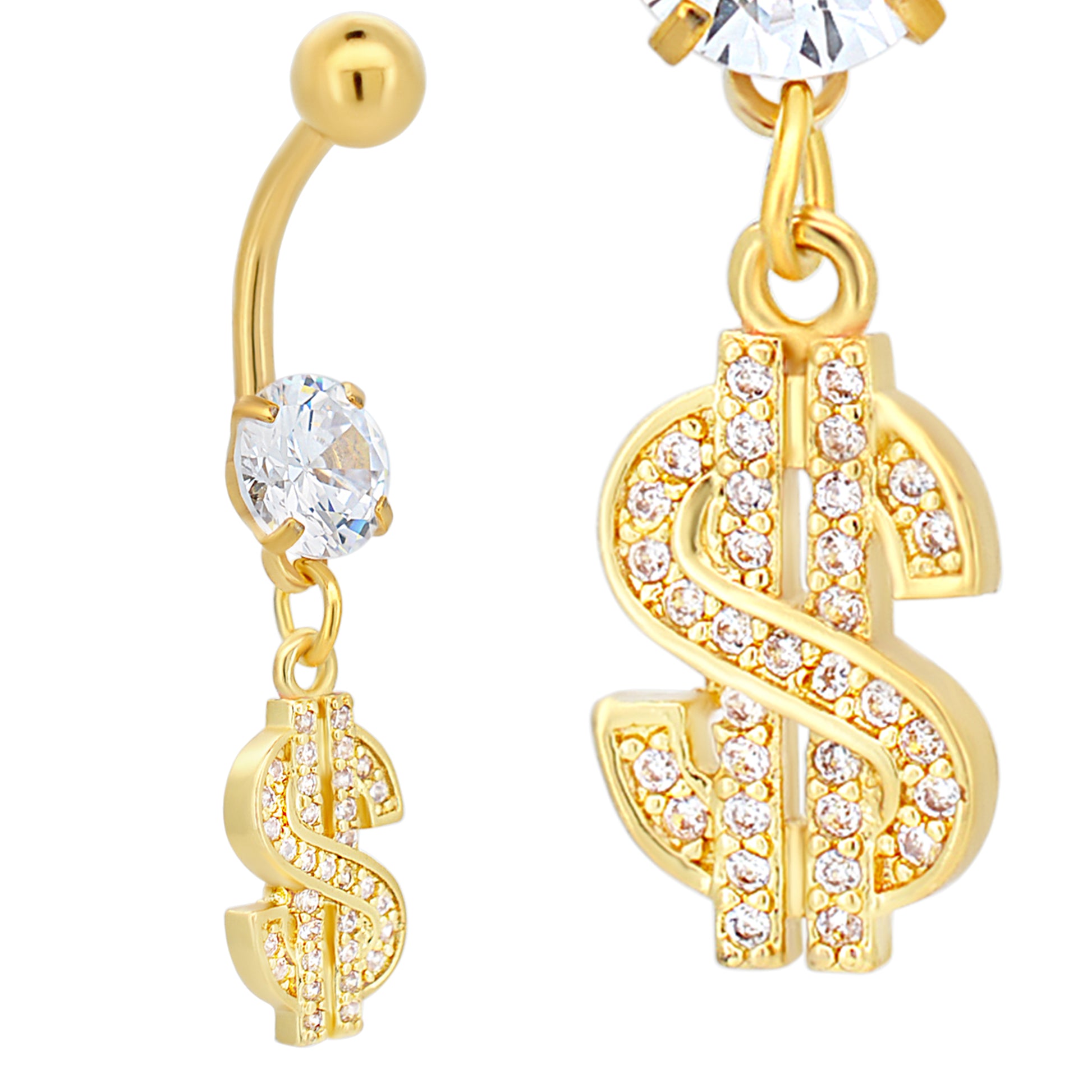 Stainless Steel Dangling Dollar Sign Belly Ring, Zircon Design Navel Jewelry, Money Charm Belly Button Ring
