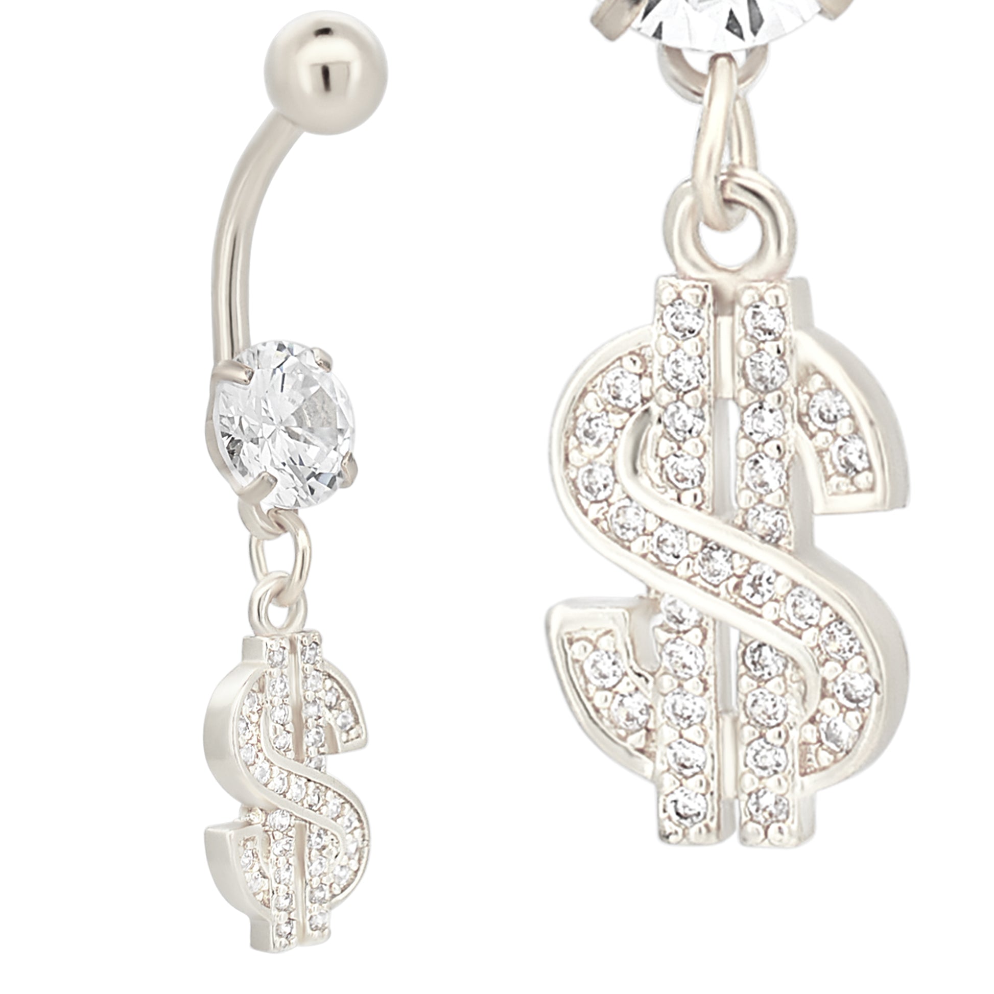 Stainless Steel Dangling Dollar Sign Belly Ring, Zircon Design Navel Jewelry, Money Charm Belly Button Ring