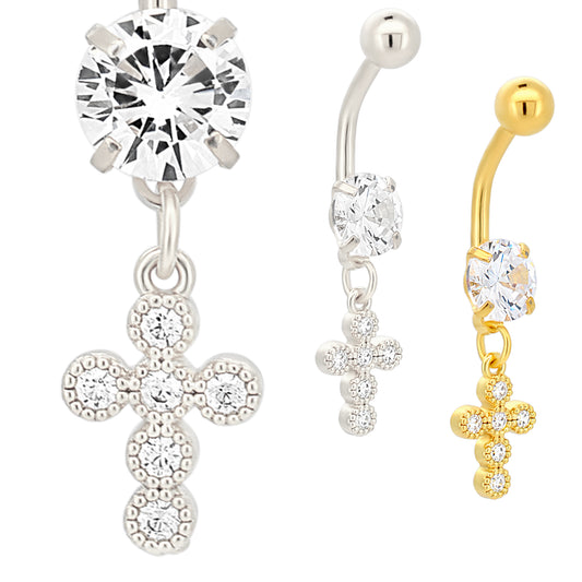 316L Stainless Steel Dangling Cross Bezel with Zircon Design Belly Ring