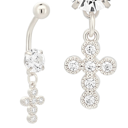 316L Stainless Steel Dangling Cross Bezel with Zircon Design Belly Ring
