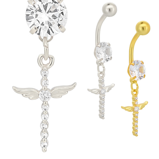 Dangling Cross Angel Wing Belly Ring, Stainless Steel Zircon Design, Body Jewelry, Unique Navel Ring