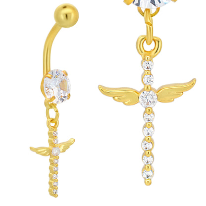 Dangling Cross Angel Wing Belly Ring, Stainless Steel Zircon Design, Body Jewelry, Unique Navel Ring