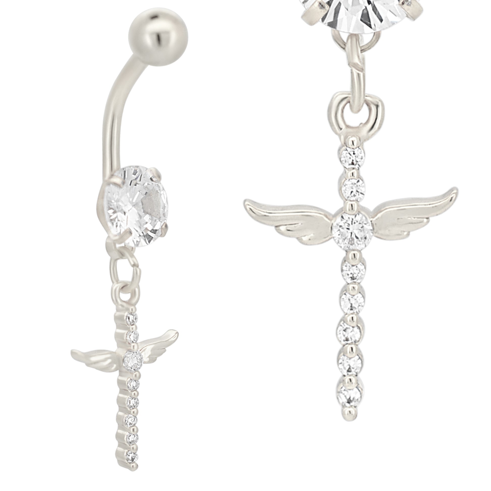 Dangling Cross Angel Wing Belly Ring, Stainless Steel Zircon Design, Body Jewelry, Unique Navel Ring
