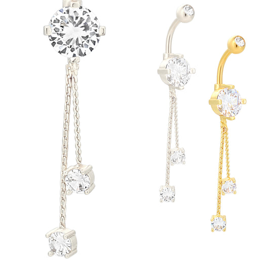 Dangling Hanging Round Zircon Belly Ring, Prong Design, Stainless Steel Jewelry, Statement Navel Piercing