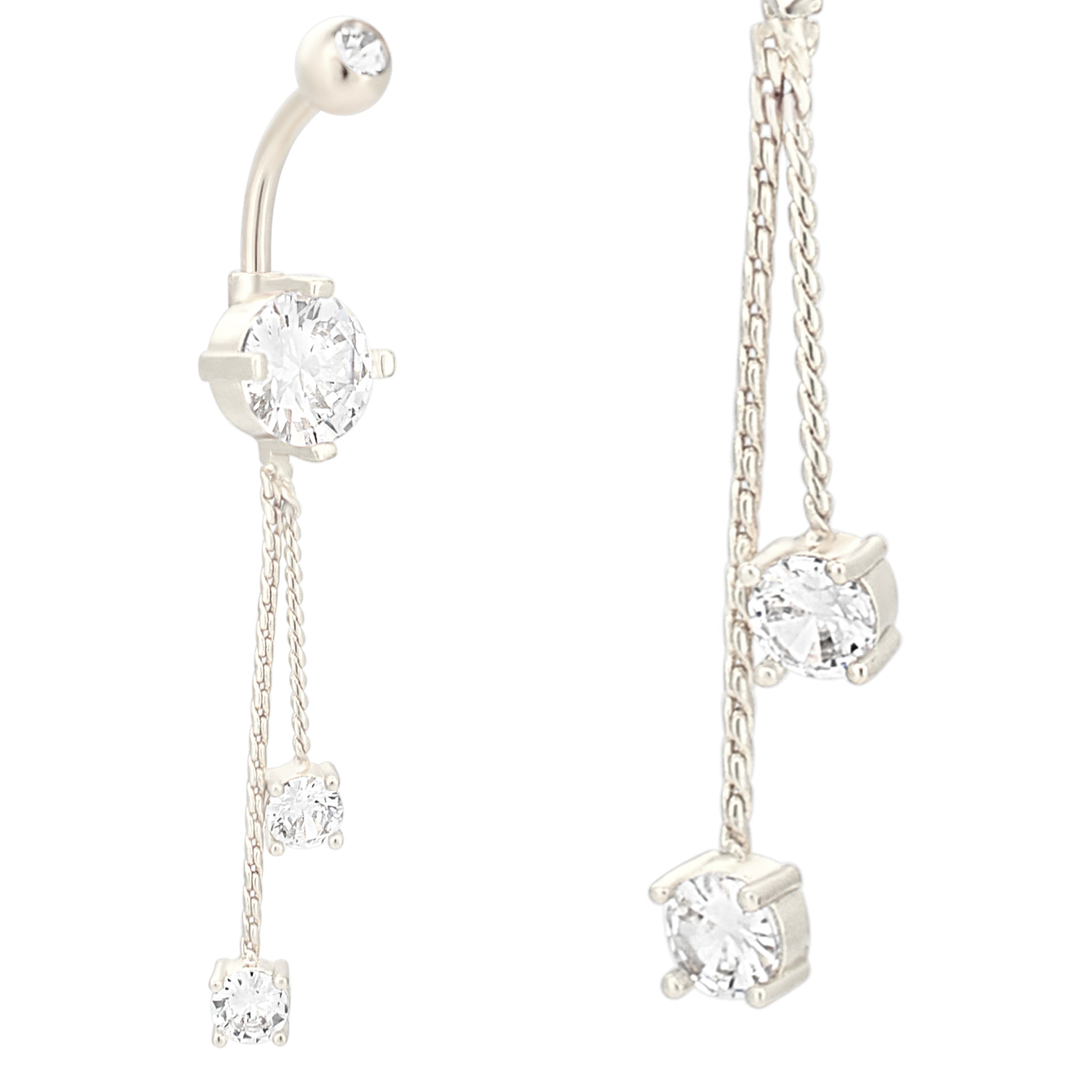 Dangling Hanging Round Zircon Belly Ring, Prong Design, Stainless Steel Jewelry, Statement Navel Piercing