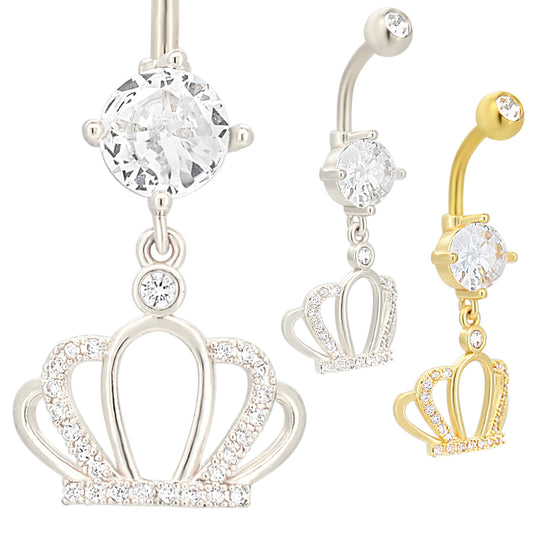Dangling Crown CZ Belly Ring, Stainless Steel Navel Jewelry, Unique Design, Belly Button Piercing, Gift For Her