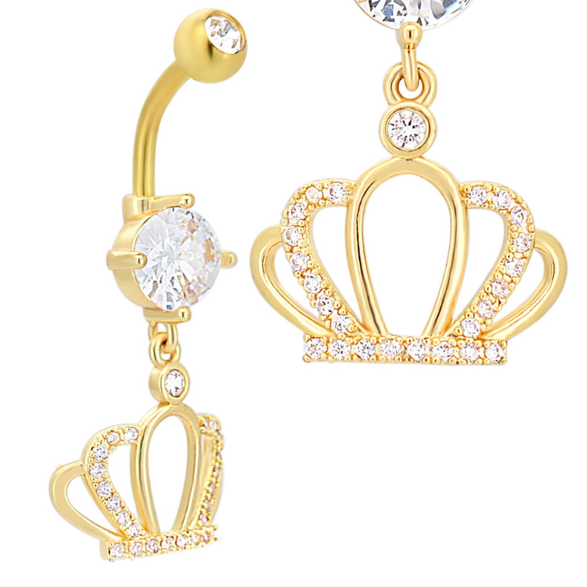 Dangling Crown CZ Belly Ring, Stainless Steel Navel Jewelry, Unique Design, Belly Button Piercing, Gift For Her
