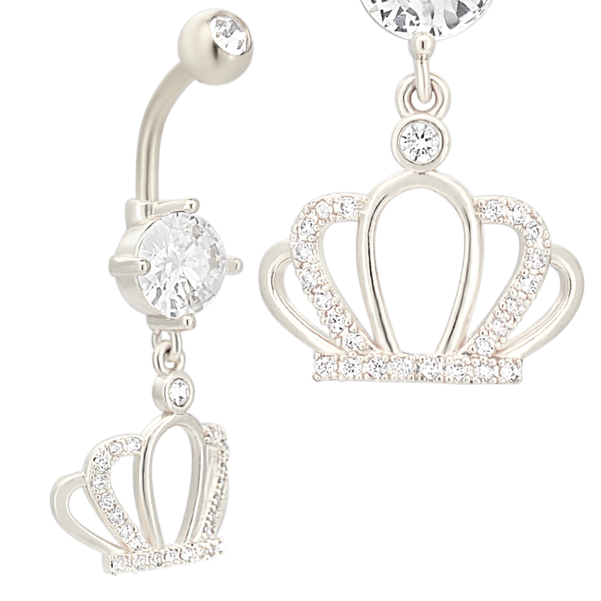Dangling Crown CZ Belly Ring, Stainless Steel Navel Jewelry, Unique Design, Belly Button Piercing, Gift For Her