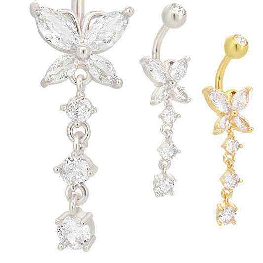 Butterfly Belly Ring, Stainless Steel Dangle Navel Piercing, Prong Design Jewelry