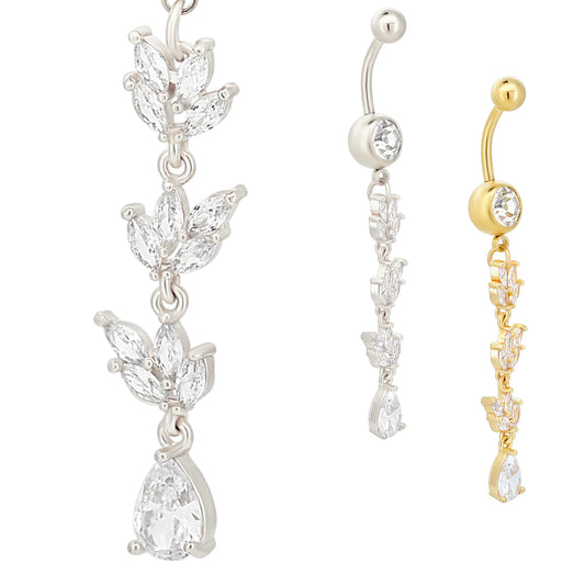 Stainless Steel Dangling Leaves Belly Ring, Teardrop Design Navel Piercing, Leaf Belly Button Ring, Unique Body Jewelry