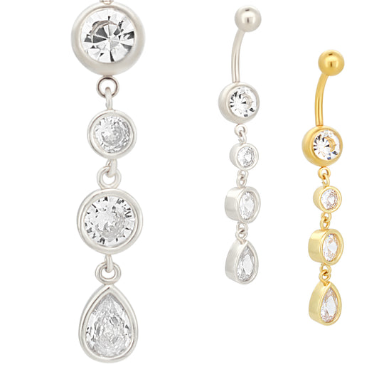 Round and Teardrop Design Belly Button Ring, Stainless Steel Dangling Bezel Navel Piercing