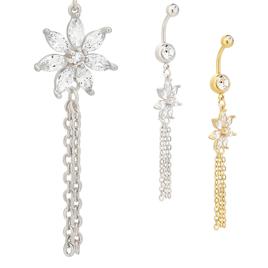  316L Stainless Steel Chain Design Belly Ring with Dangling Flower, Floral Navel Piercing, Unique Body Jewelry