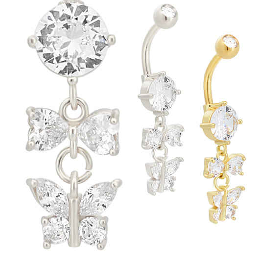 316L Stainless Steel Dangling Bow and Butterfly Zircon Design Belly Ring