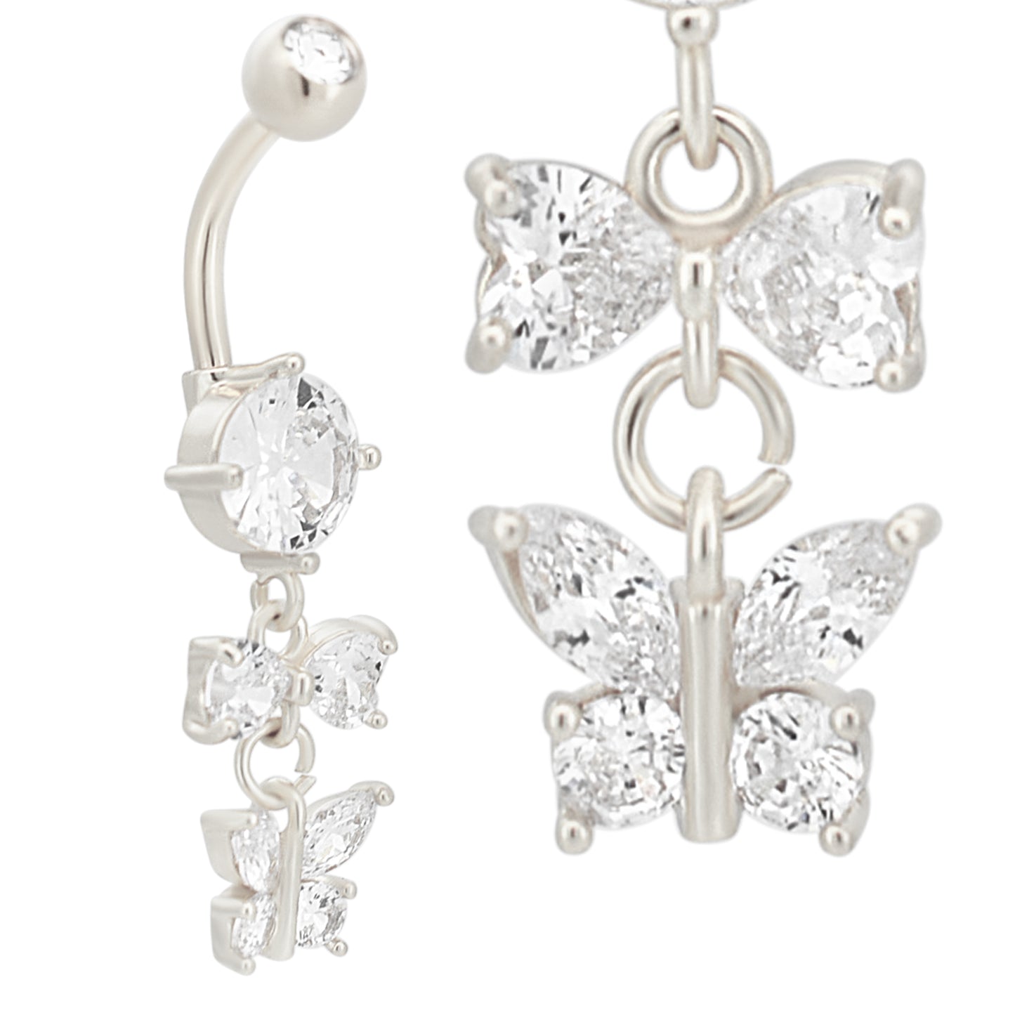 316L Stainless Steel Dangling Bow and Butterfly Zircon Design Belly Ring