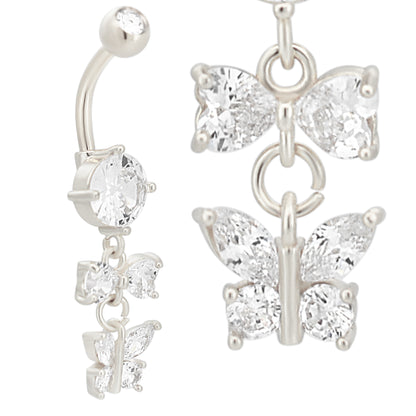316L Stainless Steel Dangling Bow and Butterfly Zircon Design Belly Ring