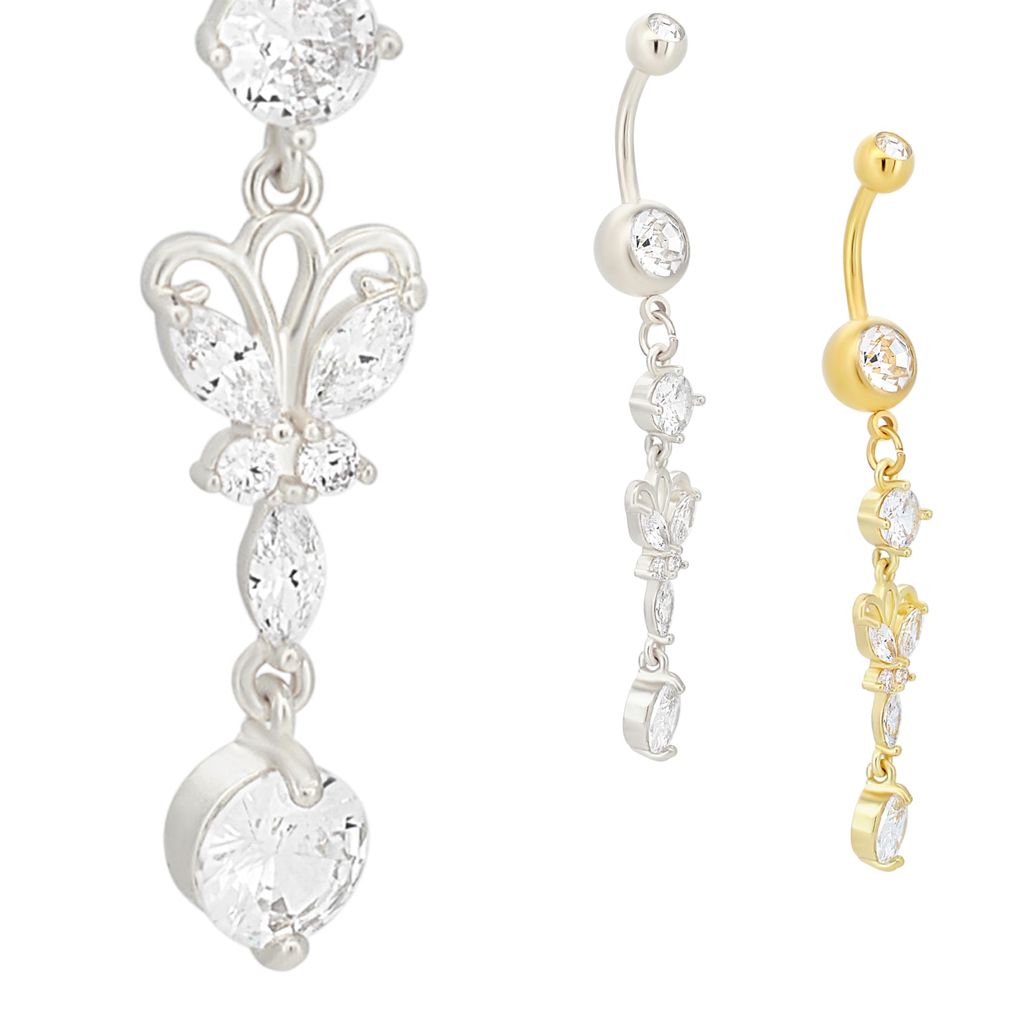 316L Stainless Steel Dangling Butterfly with Round Prong Zircon Design Belly Ring