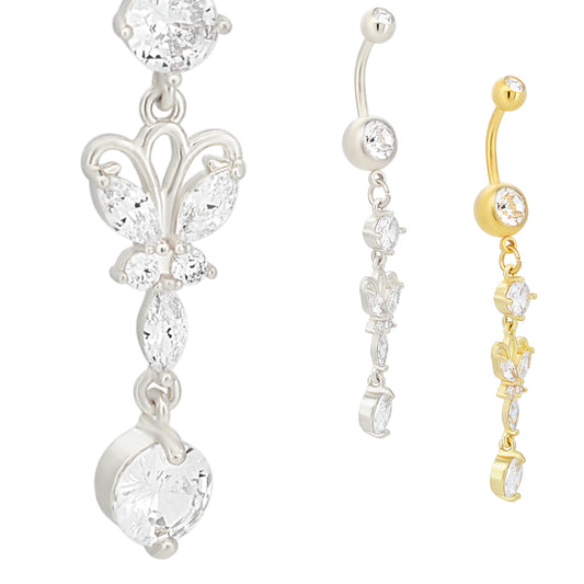 316L Stainless Steel Dangling Butterfly with Round Prong Zircon Design Belly Ring