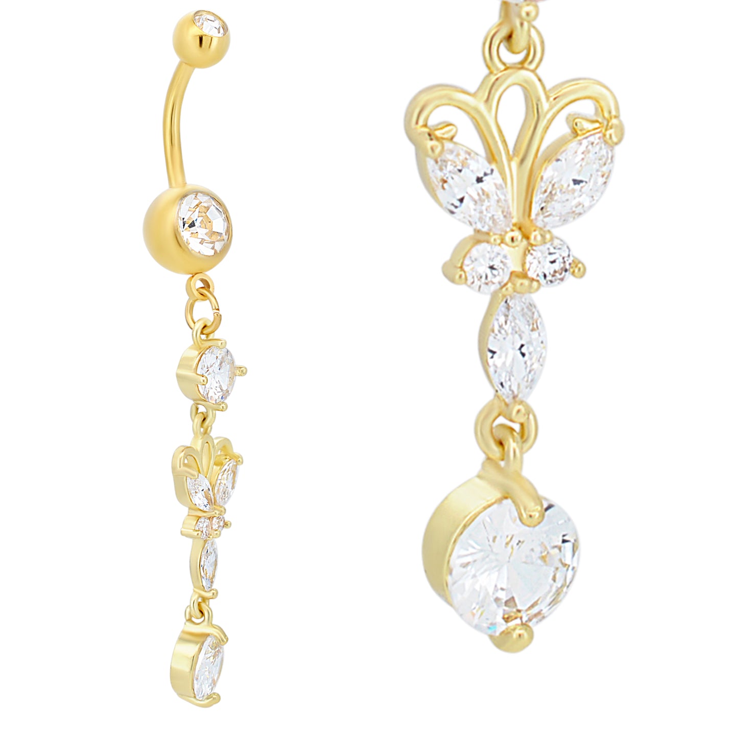 316L Stainless Steel Dangling Butterfly with Round Prong Zircon Design Belly Ring