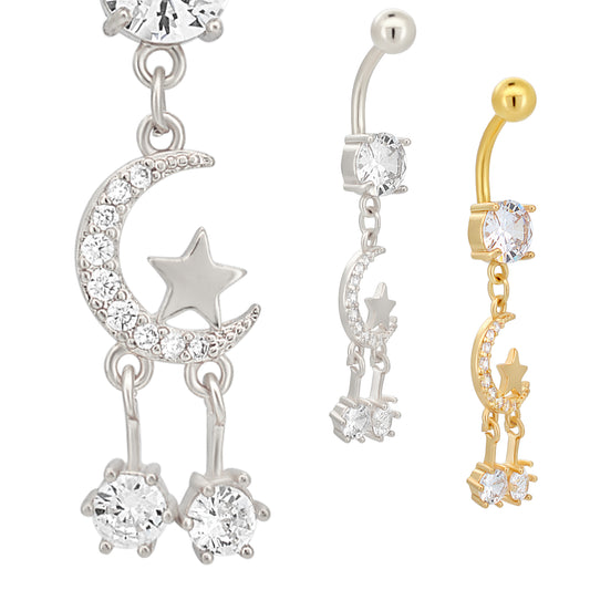 316L Stainless Steel Crescent Moon Belly Ring, Dangling Star Design, Navel Piercing Jewelry