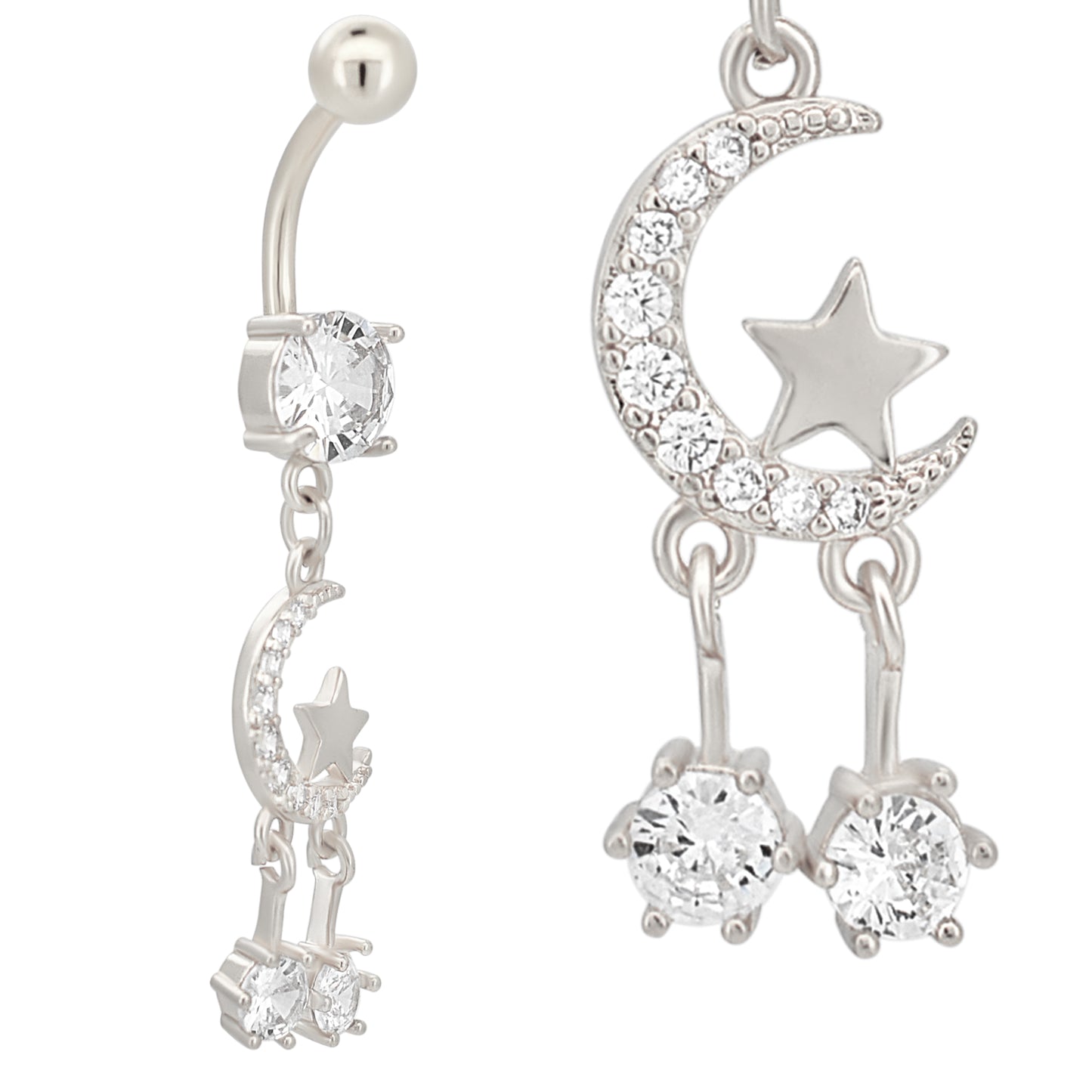 316L Stainless Steel Crescent Moon Belly Ring, Dangling Star Design, Navel Piercing Jewelry