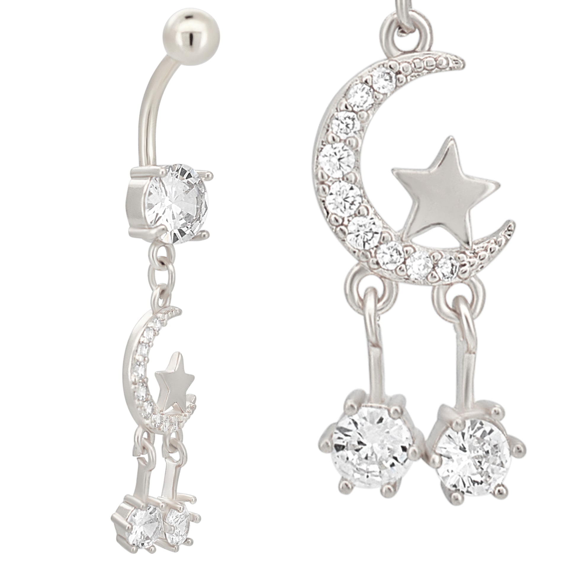 316L Stainless Steel Crescent Moon Belly Ring, Dangling Star Design, Navel Piercing Jewelry