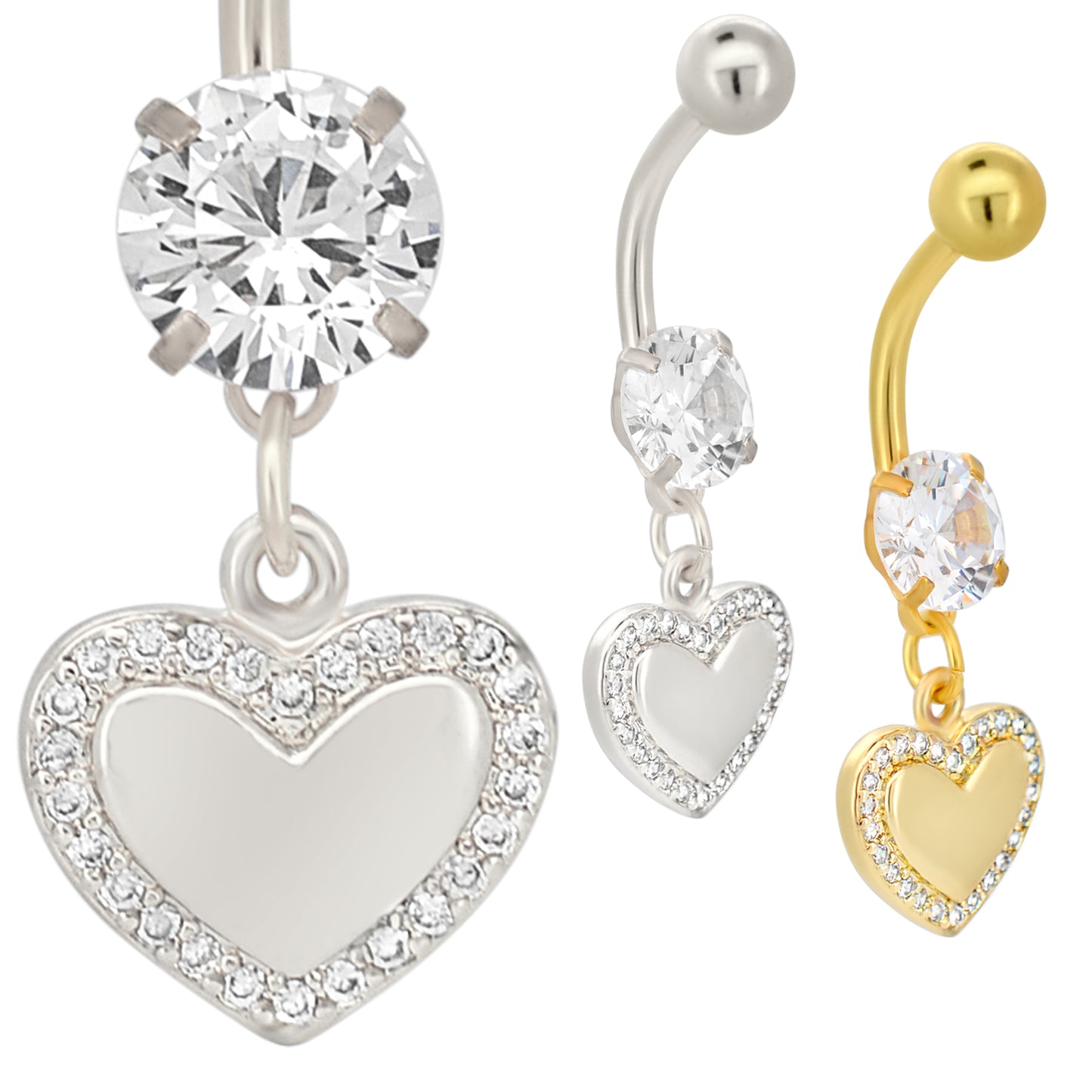 Stainless Steel Heart CZ Belly Ring, Dangling Belly Button Ring, Plain Heart Center, CZ Surround, Body Jewelry Accessories