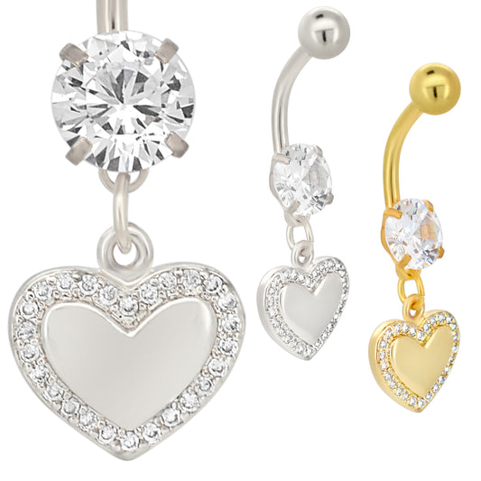 Stainless Steel Heart CZ Belly Ring, Dangling Belly Button Ring, Plain Heart Center, CZ Surround, Body Jewelry Accessories