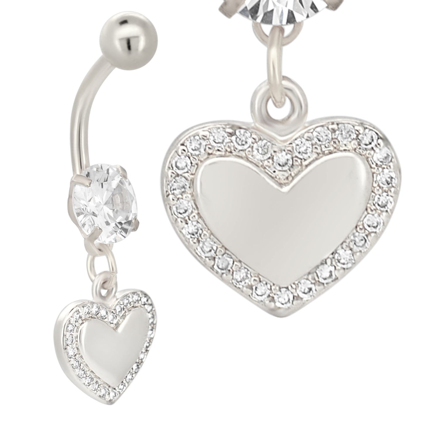 Stainless Steel Heart CZ Belly Ring, Dangling Belly Button Ring, Plain Heart Center, CZ Surround, Body Jewelry Accessories