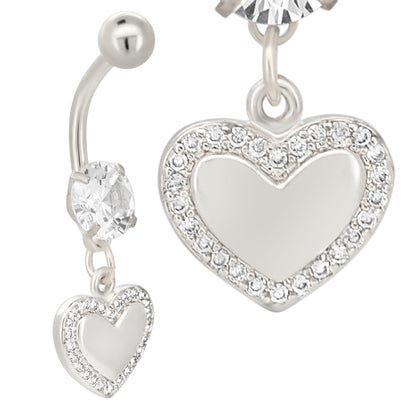 Stainless Steel Heart CZ Belly Ring, Dangling Belly Button Ring, Plain Heart Center, CZ Surround, Body Jewelry Accessories